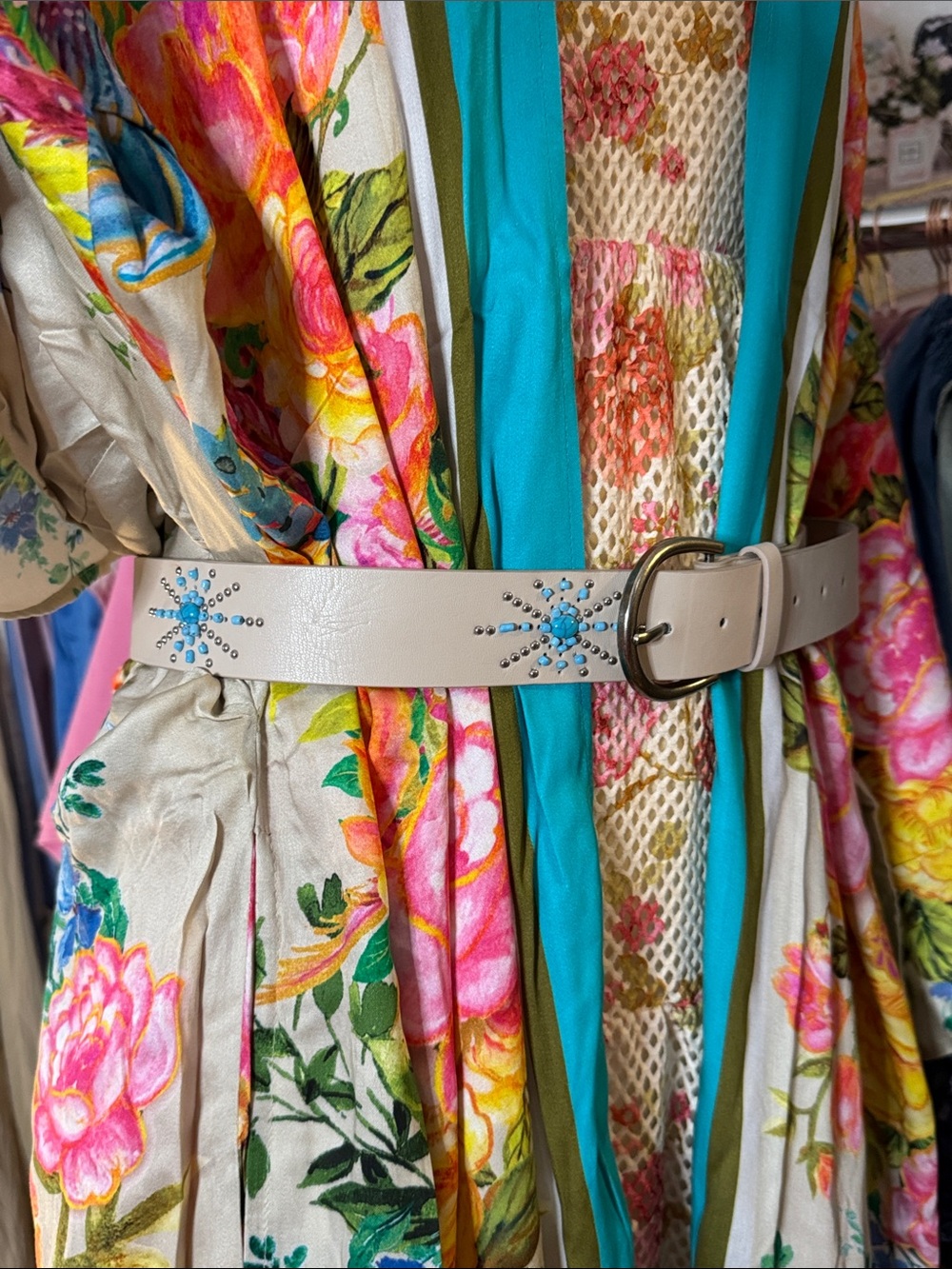 AR4 • Aratta Beige Leather Studded Belt with Turquoise Accents